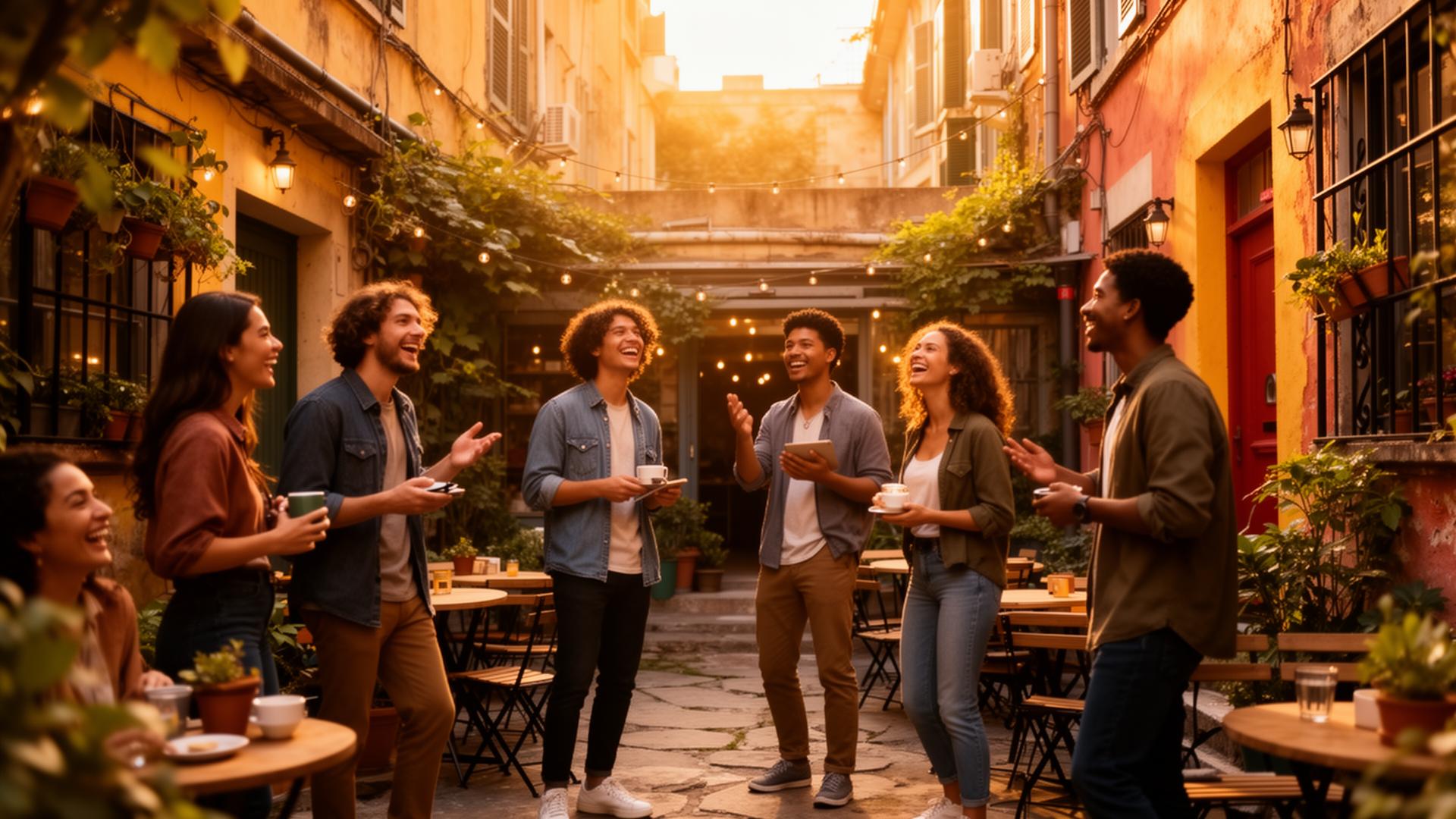 Friends exploring a hidden courtyard